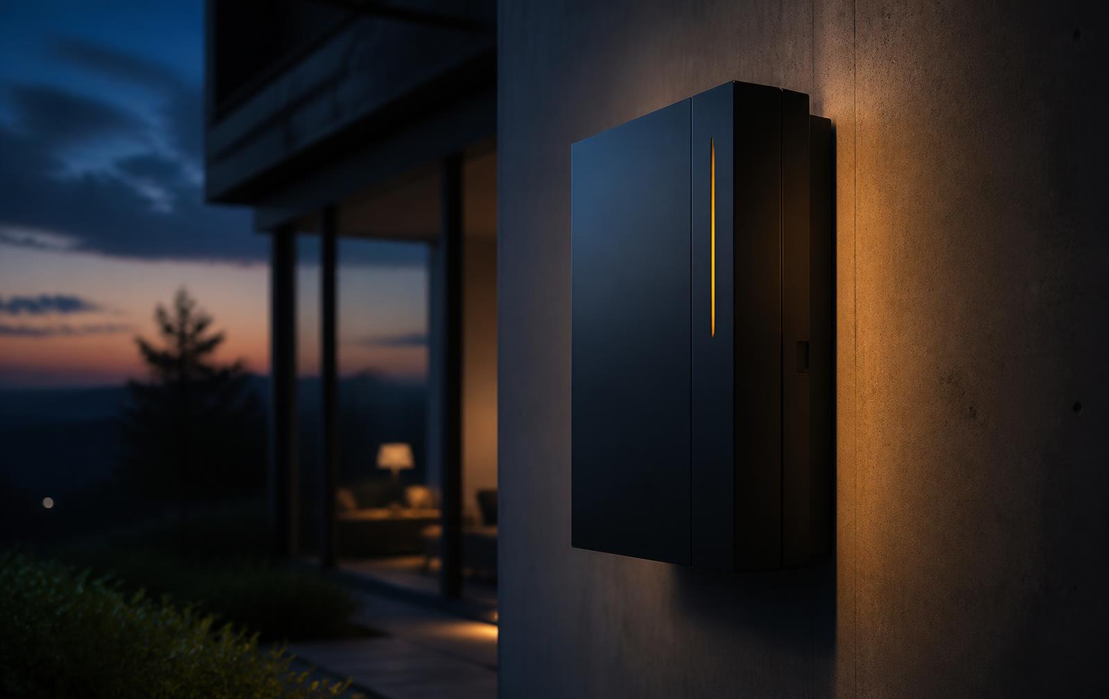 Sleek matte-black home battery cabinet on a concrete wall at dusk