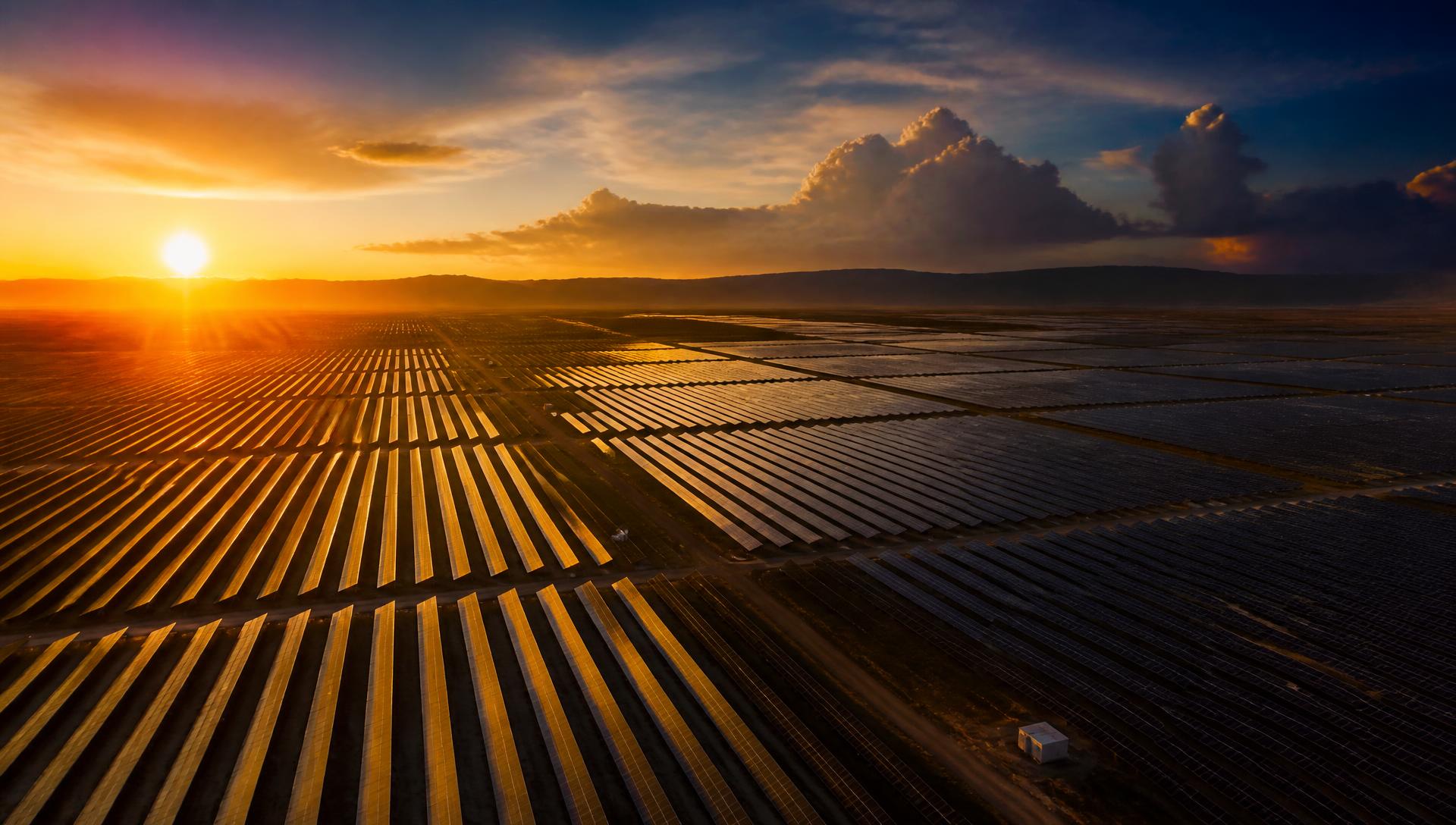 Aerial view of a vast utility-scale solar farm at golden hour